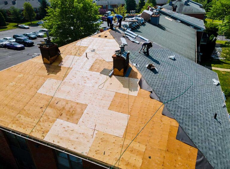 Home inspector examining a residential roof with new asphalt shingles and a visible winter background.