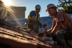 Homeowner inspecting roof shingles from a secured ladder on a dry residential morning.