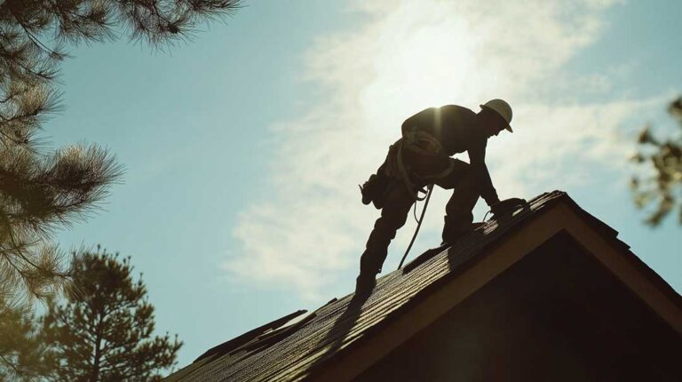 Roof valley with displaced shingles, exposed flashing, and damp attic insulation beneath a ceiling stain